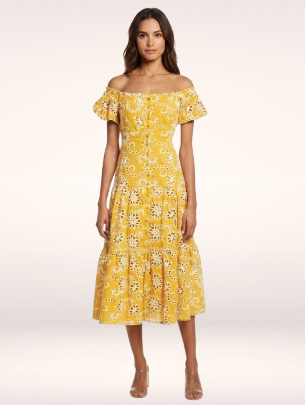 ASTR The Label Mustard Yellow Floral Eyelet Cutout Cotton Midi Dress Small